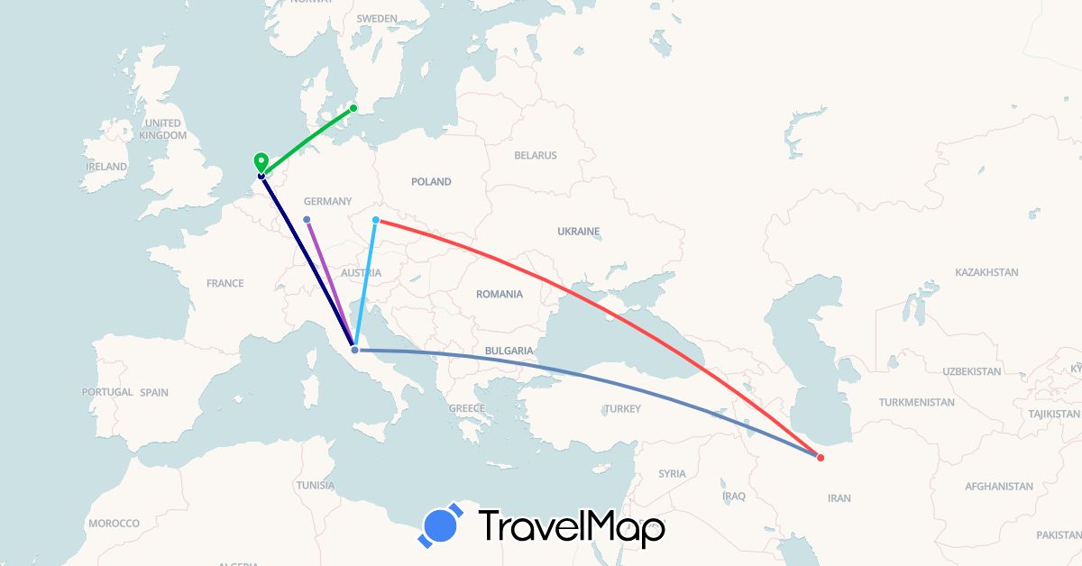 TravelMap itinerary: driving, bus, cycling, train, hiking, boat in Czech Republic, Germany, Denmark, Iran, Italy, Netherlands (Asia, Europe)